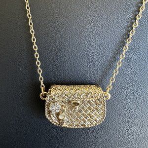 VTG 1928 Jewelry Mini Purse Necklace Gold Tone Rhinestones Clasp Opening 30" L